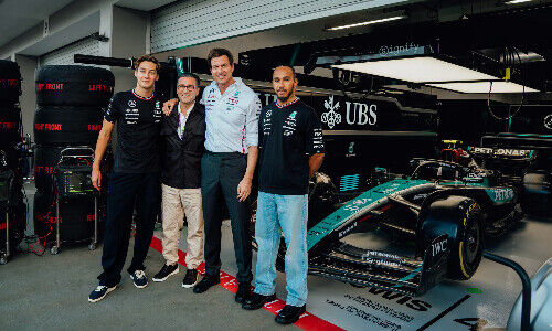 George Russell, Iqbal Khan, Toto Wolff, Lewis Hamilton (from left, Image: UBS)