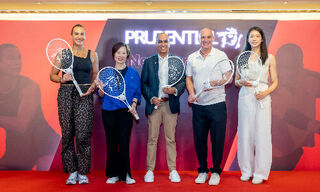 Aryna Sabalenka, Angel Ng, Anil Wadhwani, Andre Agassi and Vivian Kong (Image: Prudential)